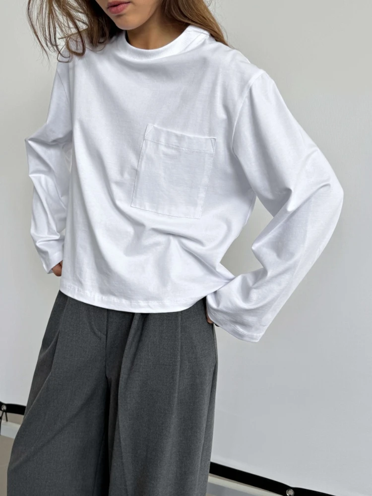 Cotton Solid Color Versatile Women's Top Autumn New Loose Round Neck Long-sleeved T-shirt Simple Casual Pocket Design Pullover