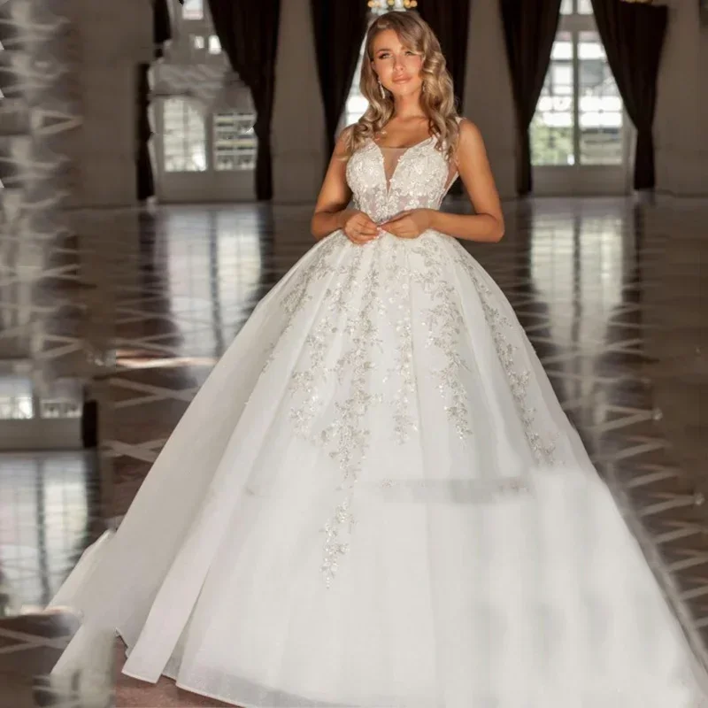 Свадебные платья трапециевидной формы из органзы с длинными рукавами по индивидуальному заказу, свадебное платье с иллюзией и аппликацией из бисера, со шлейфом, Vestidos De Novia