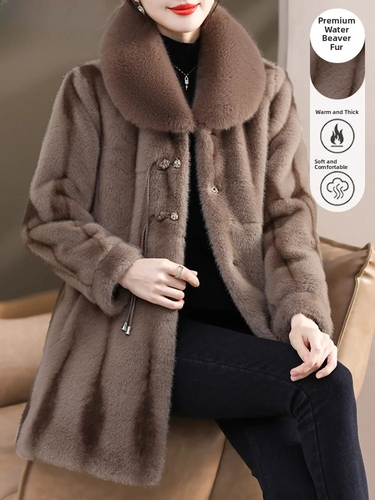 

Ele Midlife Mom Winter Coat Mink Velvet Fur Inteated Women's Faion Thiened Large Coat Collar Single Button