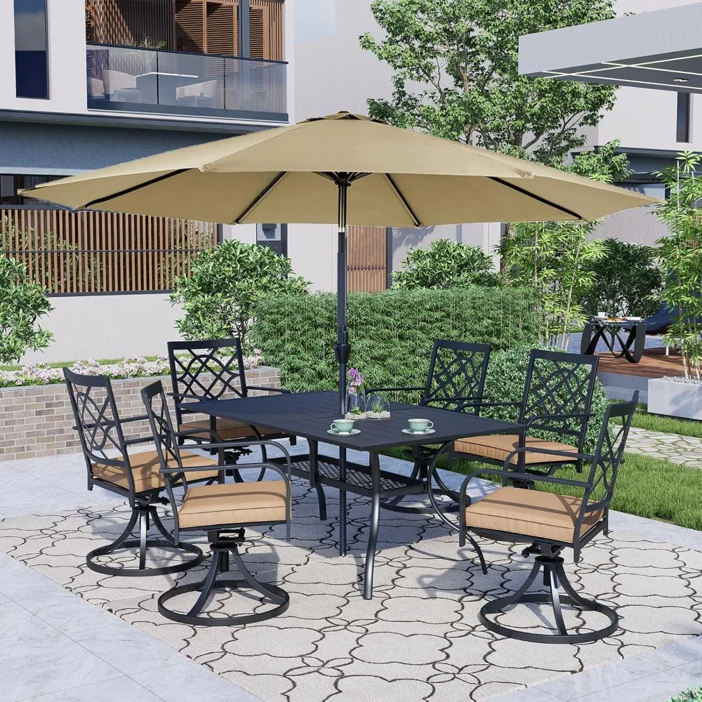 7-Piece Metal Outdoor Furniture Patio Dining Set, 6 Metal Swivel Chairs and  Dinner Table with Umbrella Hole, Dining Table Set