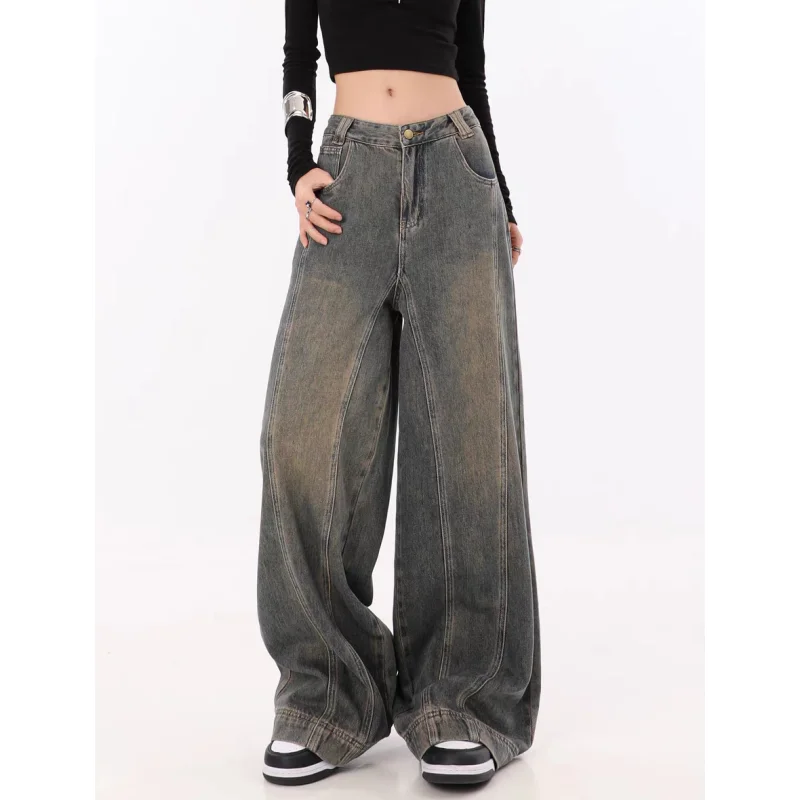 

Jeans for Women Blue High Quality High Waist Oversized Street Wide Leg Pants Streetwear NEW Vintage Straight Autumn Trousers