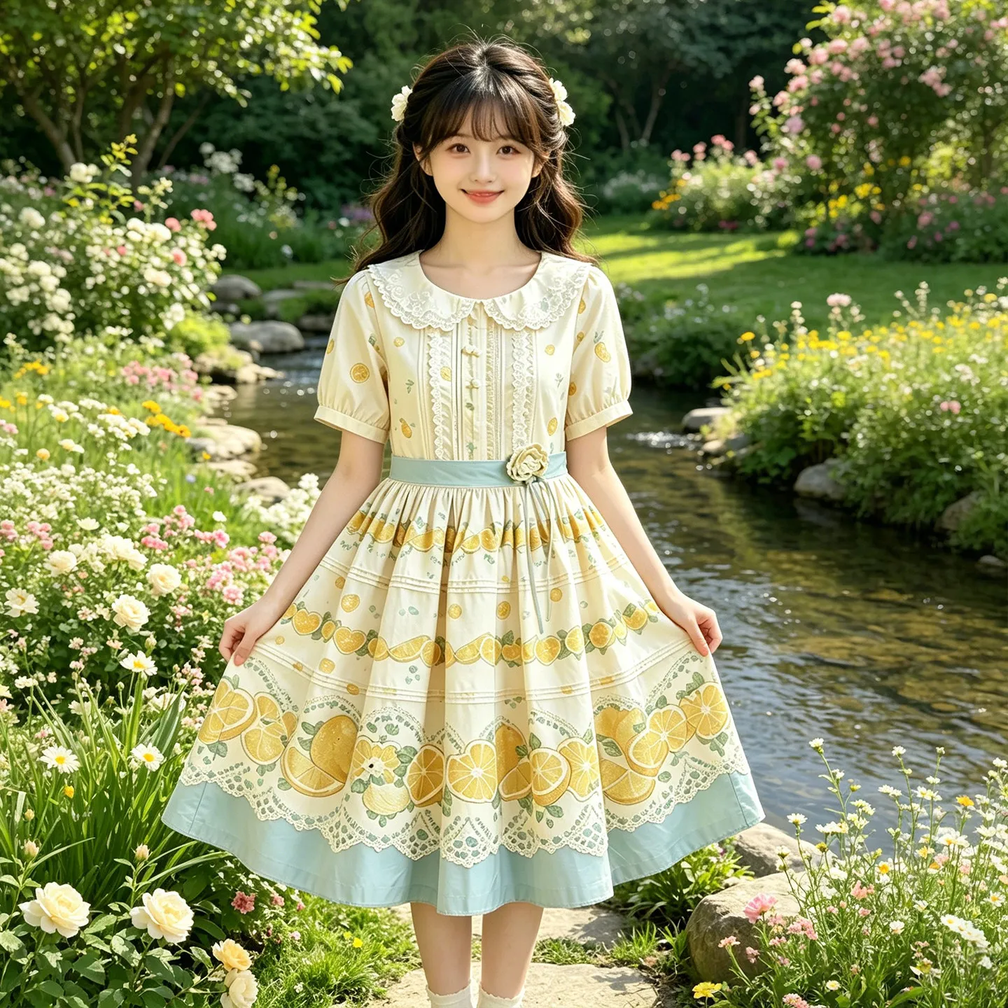 Japanese Style Sweet Lolita Op Dress For Women Lemon Print Peter Pan Collar Short Sleeve A-line Midi Dress Casual Summer Outfit