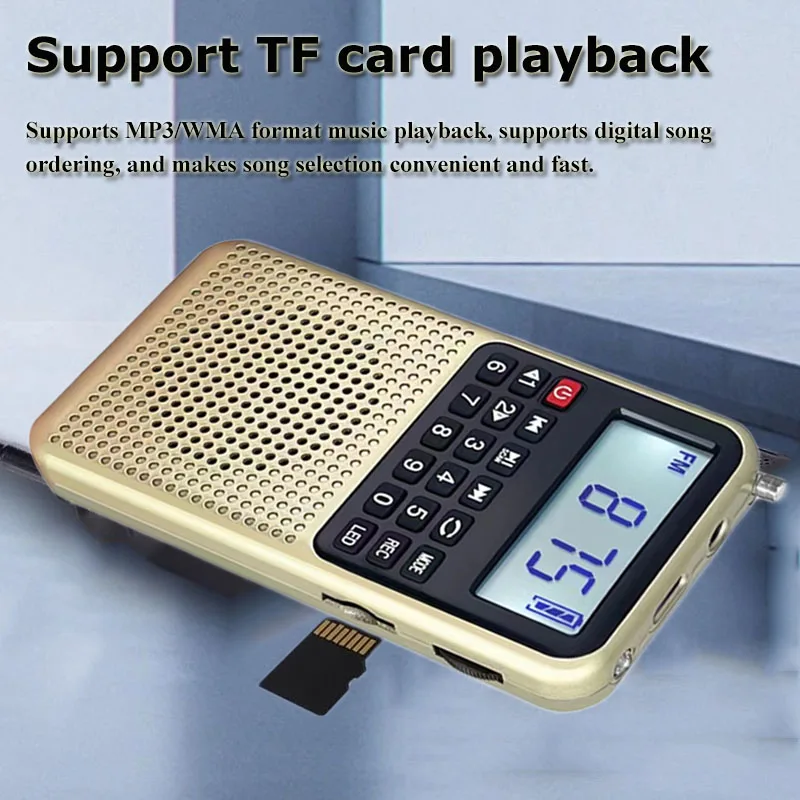 Mini Pocket FM Radio High Sensitivity Radios Receiver Portable Bluetooth Speaker Recorder with LED Light Support TF Card Headset