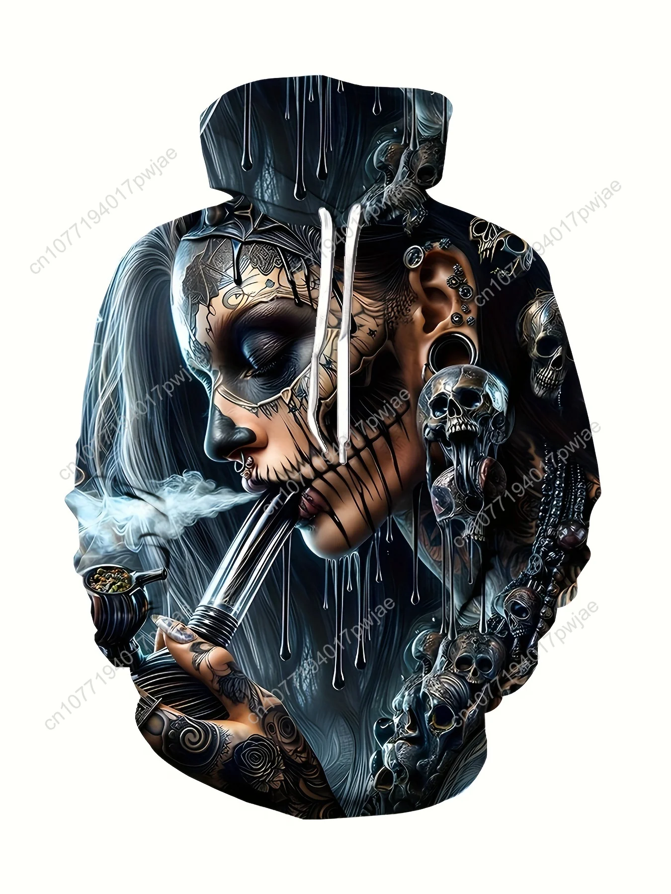 Moletom masculino com capuz de Halloween – moletom gótico com caveira e fumar, suéter preto com capuz para roupa de festa de Halloween, St