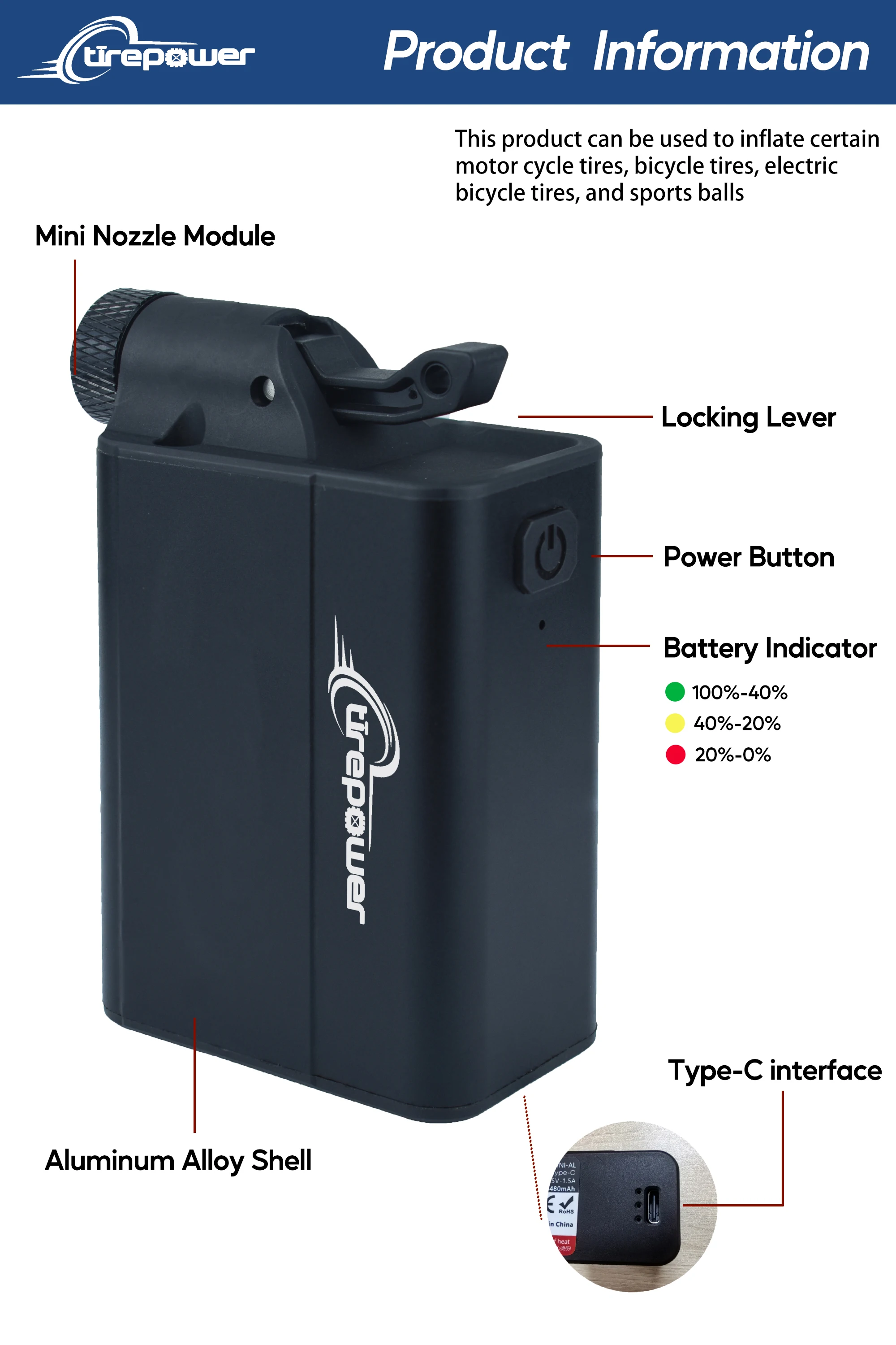 Elektrische Fahrradpumpe Reifenfüller 130PSI Luftpumpe Wiederaufladbare Batterie Fahrrad-Zubehör Schrader Presta & Clik Ventil – Detail 11