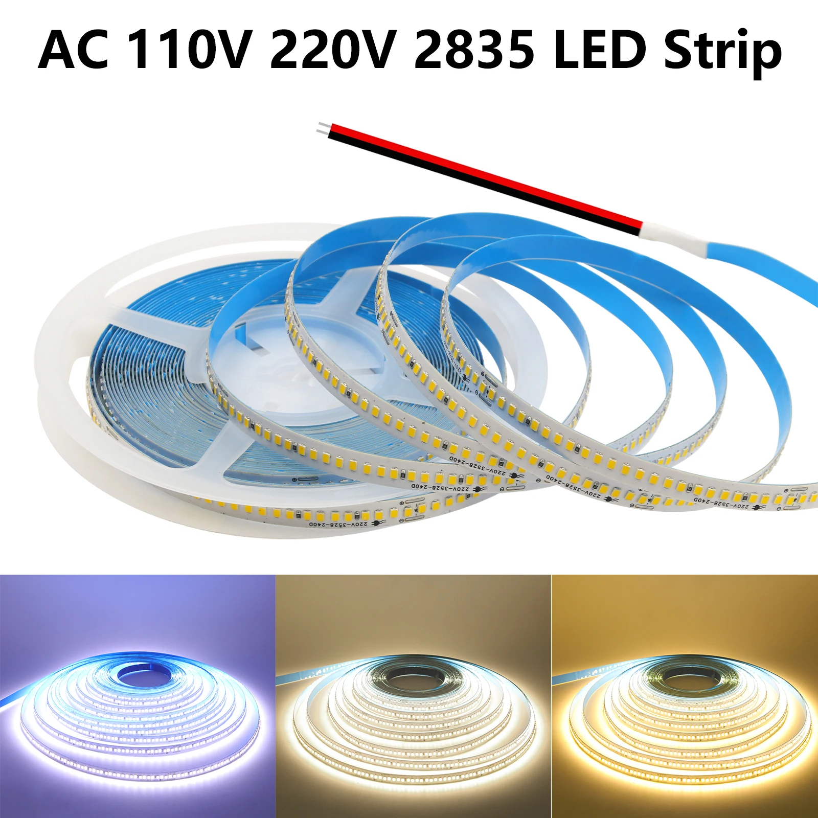 

5M 10M 15M 20M 2835 LED Strip AC 110V 220V IP44 Waterproof 240LEDs/m Flexible Lamp Tape with 2Pin Wires Warm Natural White Light