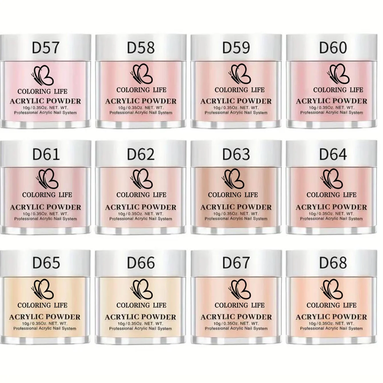 12-Farben 10g 0,35Oz 3-in-1 Kristall Nagelpulver Nude Acryl Nagelpulver Set Verlängerung/Tauchen/Schnitzen DIY Salon-Level Maniküre *
