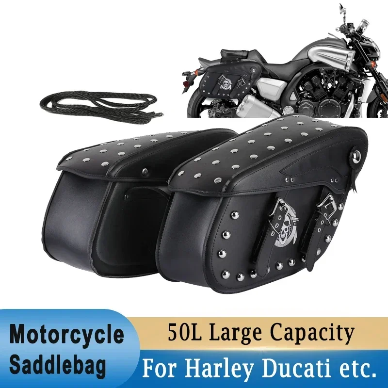 

Motorcycle Saddlebags Rivets Style Tool Bags PU Leather 50L Large Capacity Waterproof For Harley Ducati Cruiser Bobber Chopper