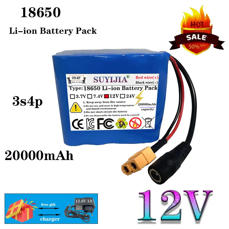 

Portable 12V 3S4P 20Ah Fishing Battery Rechargeable Li-ion Battery DC 12.6v Capacity Camera Monitor + Free Charger