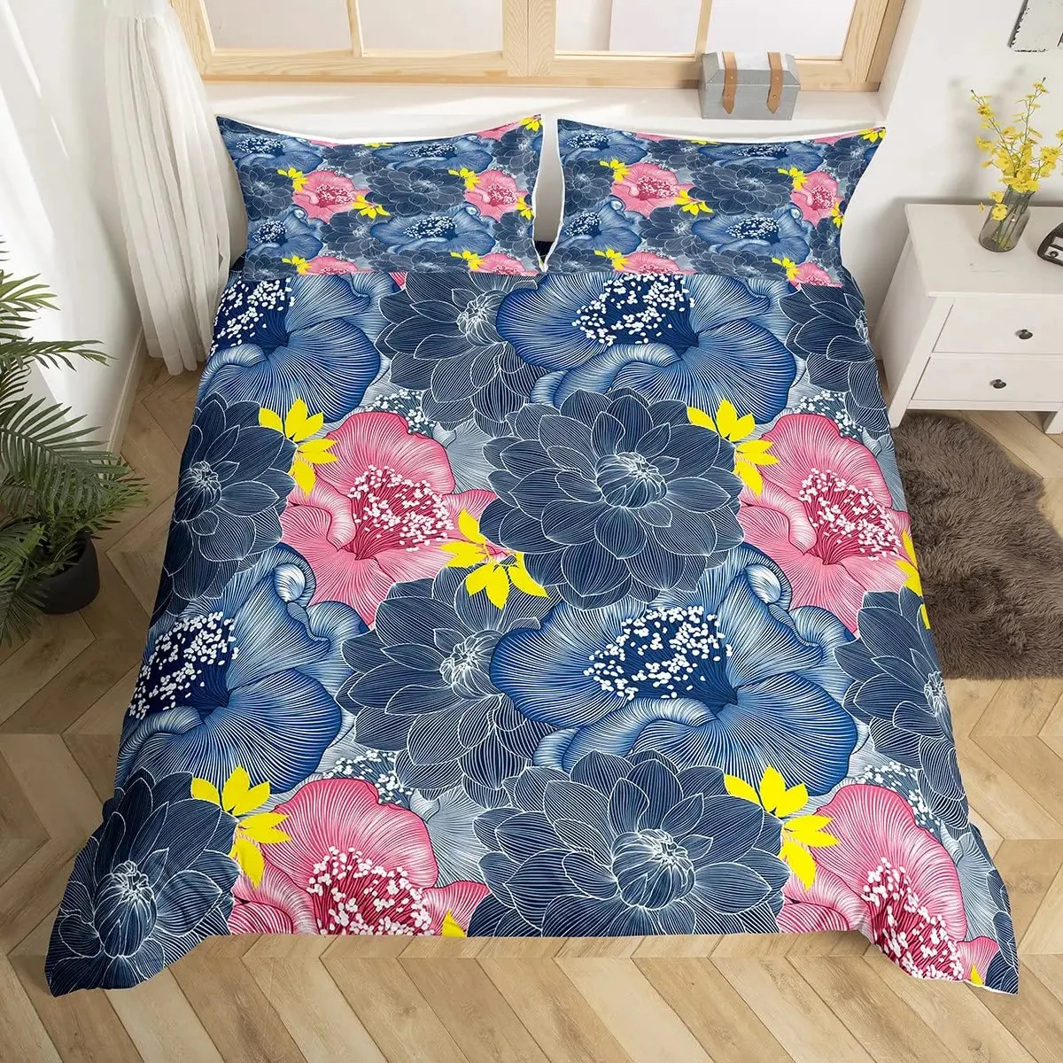 

Chrysanthemum Floral Duvet Cover Set Botanical Flowers Bedding Set Microfiber Plants Comforter Cover King Queen For Girl Women