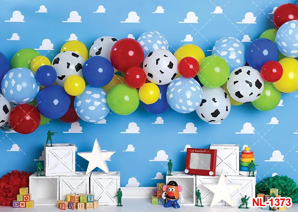 Cartoon Toy Story Blue Sky and White Clouds Backdrop Wood Floor Backdrop Kids Birthday Party Boy Baby Shower Photo Background