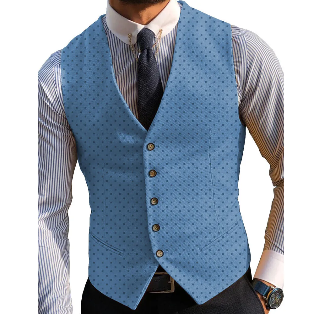 V Neck Men\'s Suits Vest Classic Dots Business Formal Casual Waistcoat For Jacket Vintage Wool Groomsmen  For Wedding