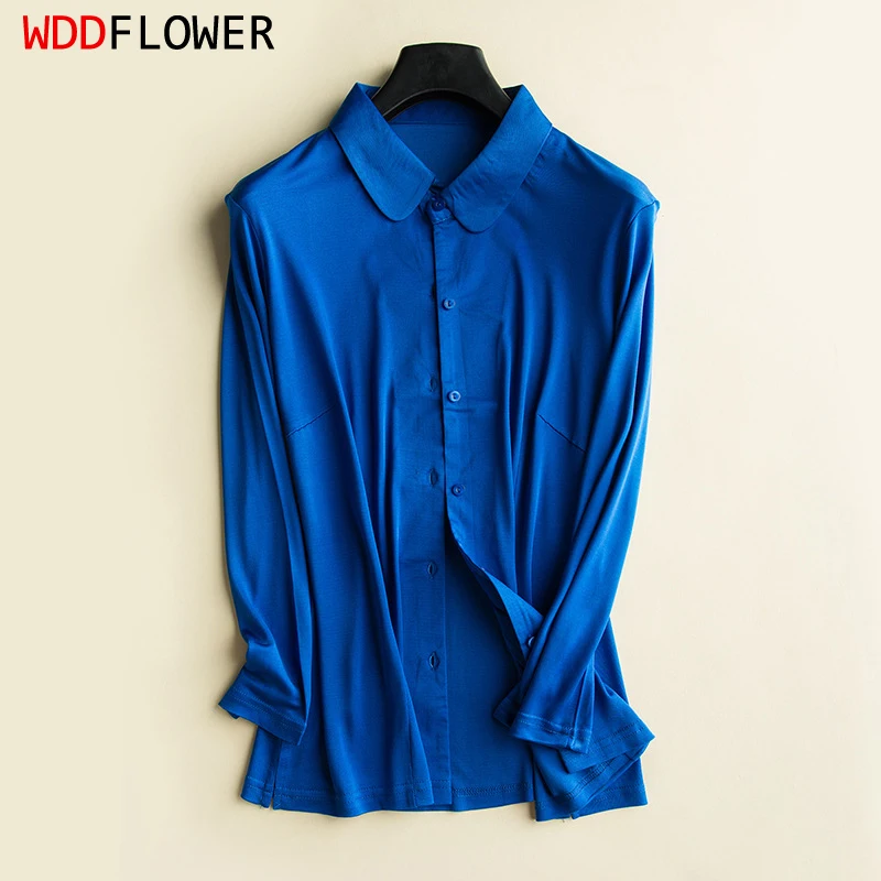 Damska jedwabna koszula 30% jedwabiu morwowego w jednolitych kolorach z długim rękawem i kołnierzykiem Bluzka T-Shirty Top Office Lady L XL XXL XXXL TA056