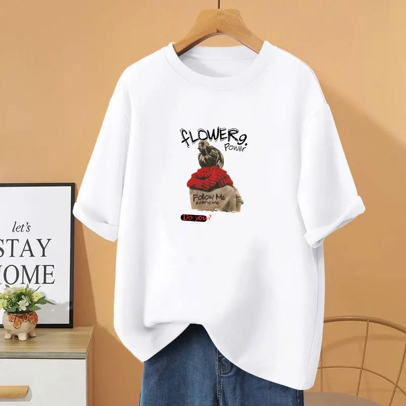 

Summer Women Clothing Cartoon Printed Tops, Fashion Loose Casual Short Sleeve T-shirt, 100% Cotton Vintage Basic Pullovers