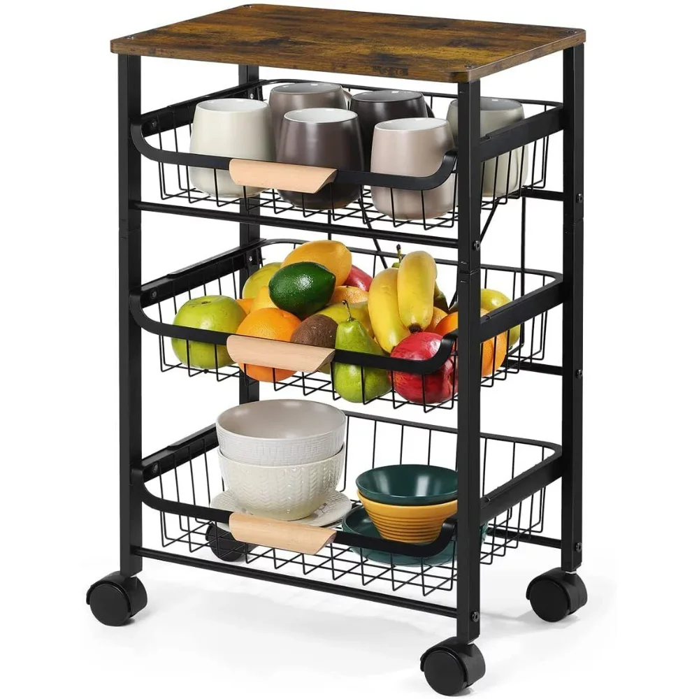 

Rolling Utility Cart 4 Tire Fruit Storage Basket Kitchen Serving Island Table