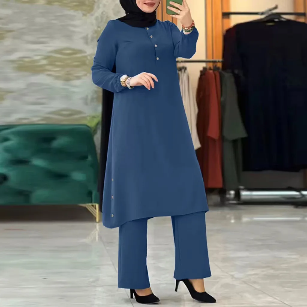 Islam Turkey Ramadan Muslim Set Women Fashion Solid color Long Sleeve Splicing Blouse Wide Leg Pant Vintage Casual Elegant Suit