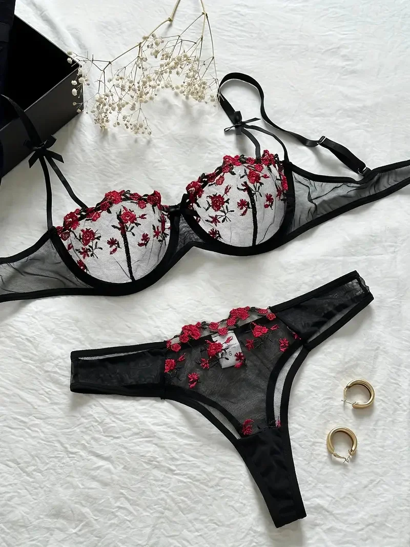 Floral Embroidery Lingerie Set, Mesh Unlined Bra & Mesh Panty, Women\'s Sexy Lingerie & Underwear