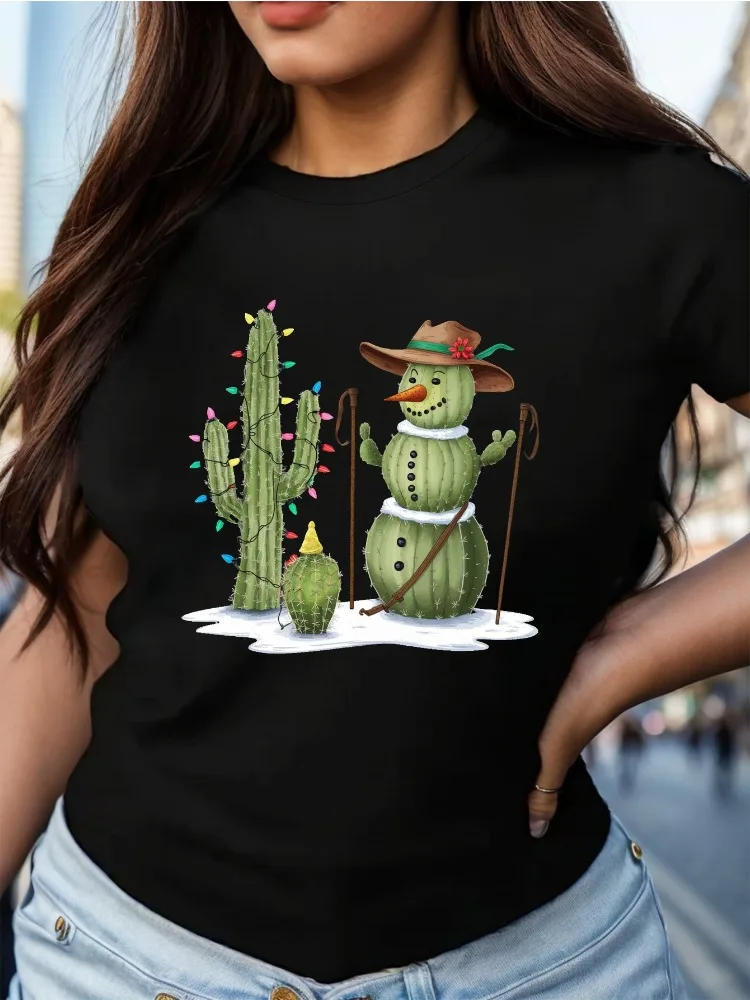 

Женская удобная повседневная футболка с короткими рукавами и принтом кактуса и снеговика, мягкий топ с круглым вырезом, повседневная одежда, легкий и стильный