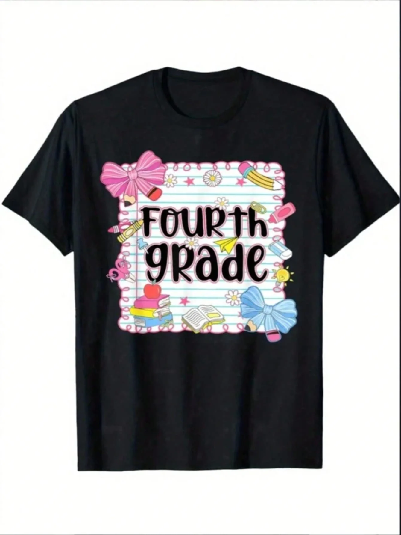 Coquette Bow Fourth Grade First Day Of School Teacher Boys Girls T-Shirt, Casual Round Neck Tee For Boys & Girls, Spring Summer