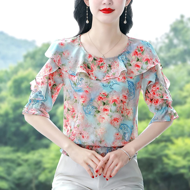 Summer Casual Women blouse 2024 Round neck Fashion Floral Printed Chiffon Shirt Patchwork Ruffles Mesh Tops