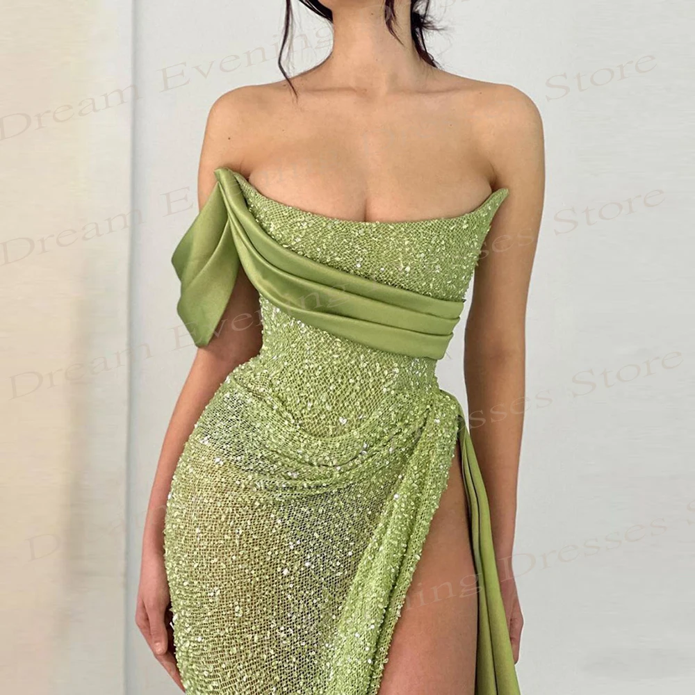 Charming Green Mermaid Evening Dresses Sparkly Sequins Sexy Slit Prom Gowns Graceful One Shoulder Customized Vestidos De Noche