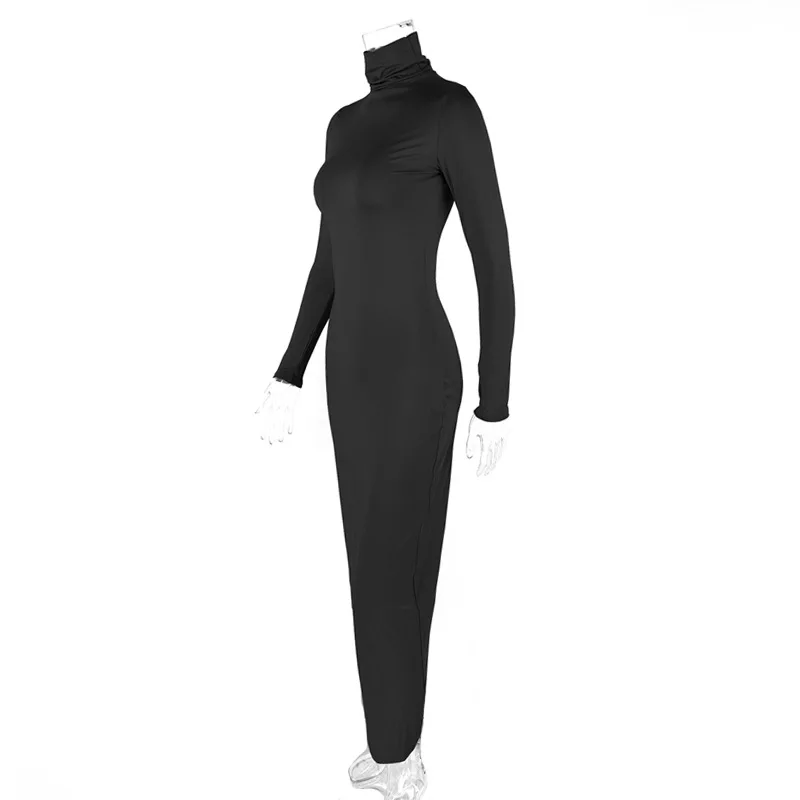 Herbst Winter Sexy Hochgeschlossenes Schlankes Bodycon Maxikleid Damen Langarm Einfarbiges Enges Abendkleid Club Party Vestidos – Detail 12
