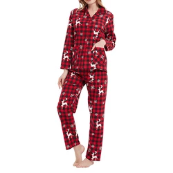 Women’s Christmas Pajamas Loungewear Sets Long Sleeve Plaid Print Button Shirts Long Pants New Year Sleepwear Pyjamas Nightwear