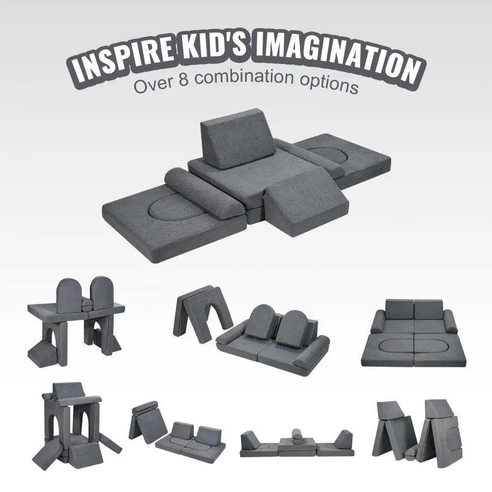Sofá de jogo modular para crianças, 10 peças, sofá-cama, cadeira, capa removível, móveis para sala de jogos, cinza