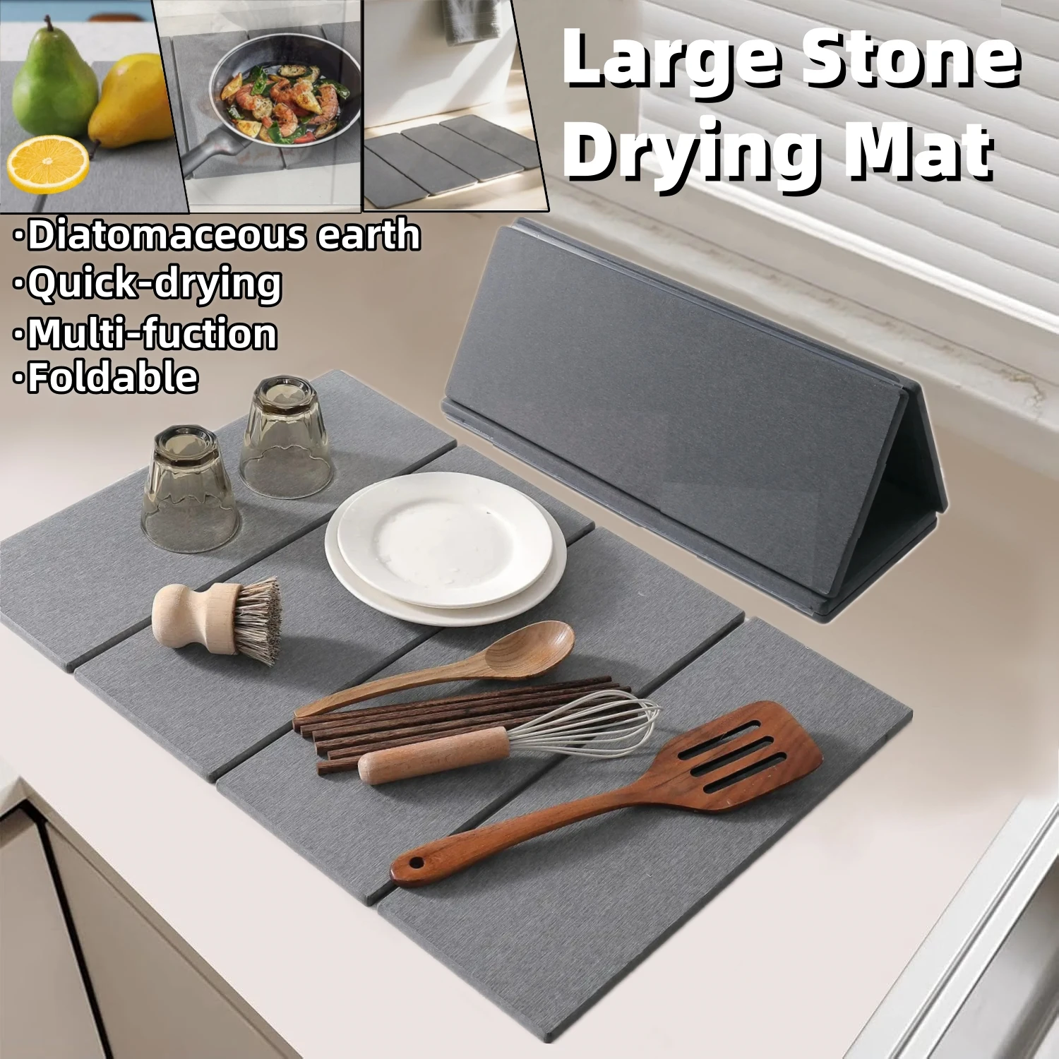 Large Stone Drying Mat Quick Drying Diatomaceous Earth Food Grade Dish Mats Foldable Absorbent Mat for Kitchen Counter Bathroom