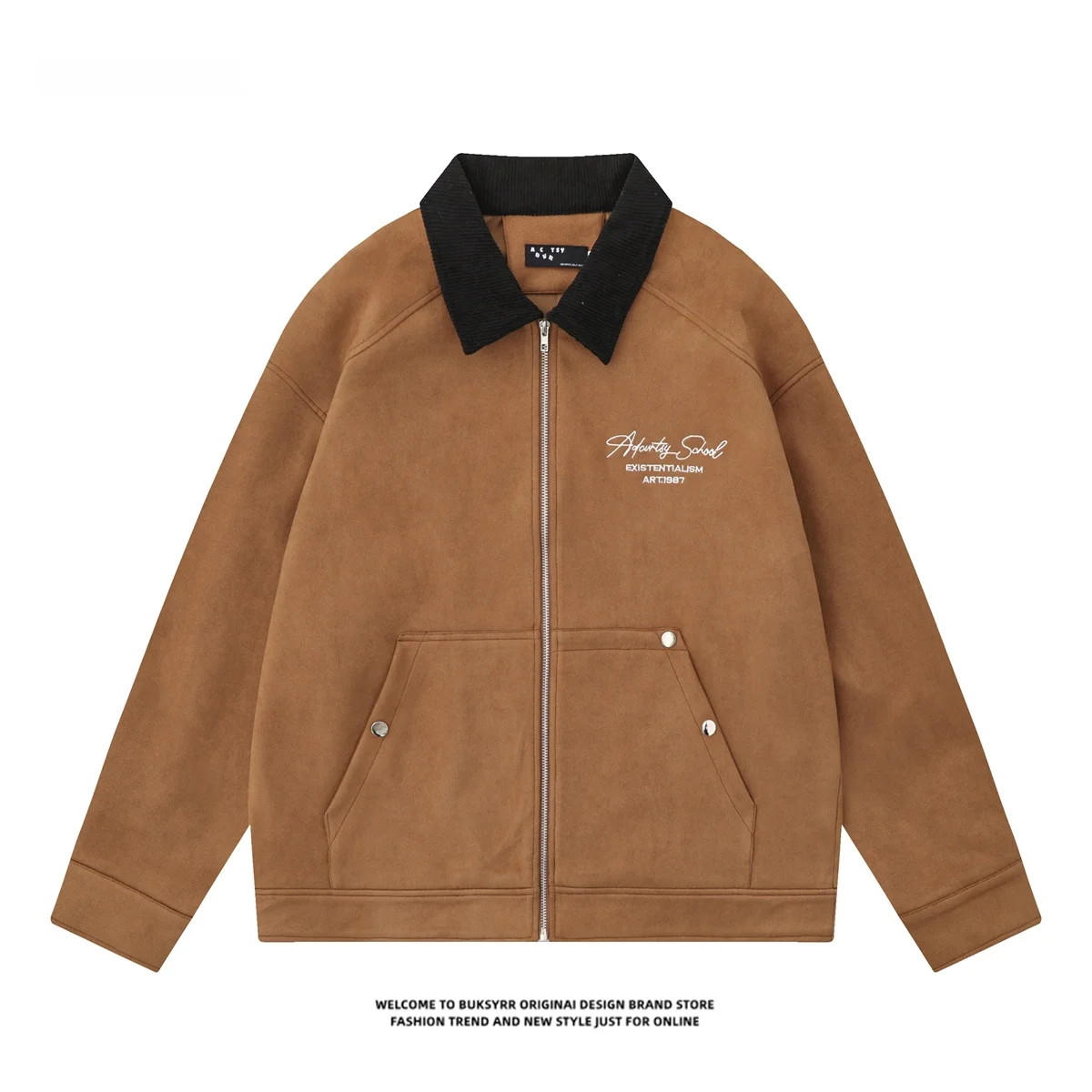 

Buksyrr American Retro Street Sle Jaet Women's Autumn Loose Fit Long Sve Zipper Closure Contrast Color Embroidery Coat