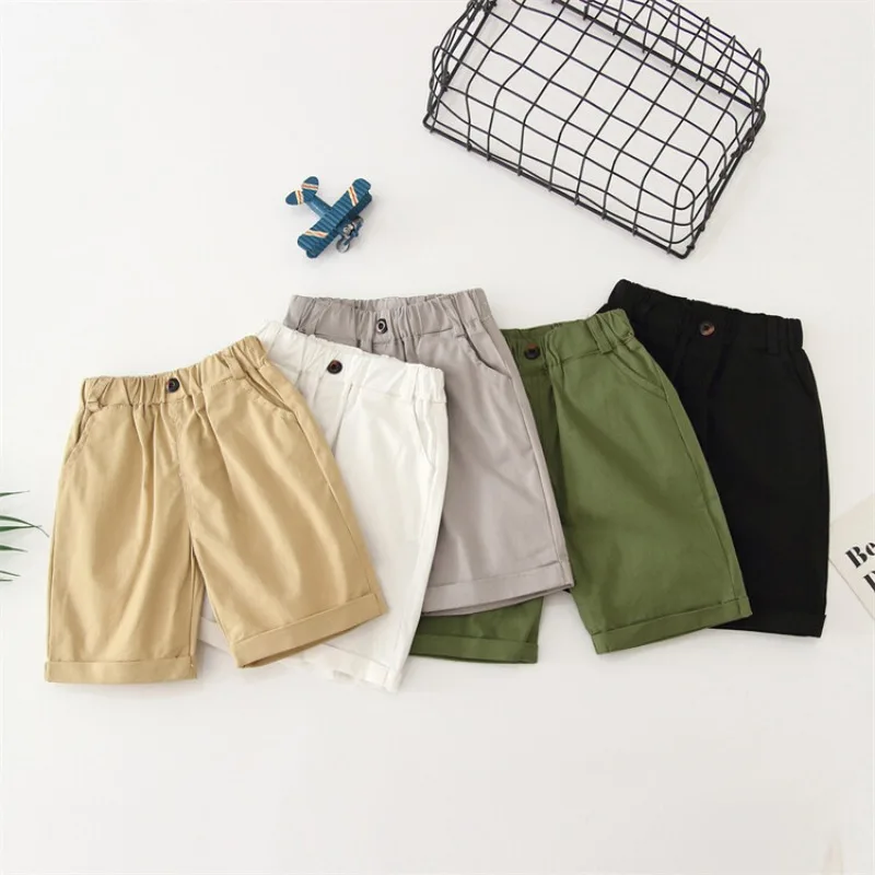 Summer Boys Casual Shorts for Toddler Kids Elastic Waist Short Pant Khaki Cotton Beach Soft Children's Clothing 2-14years