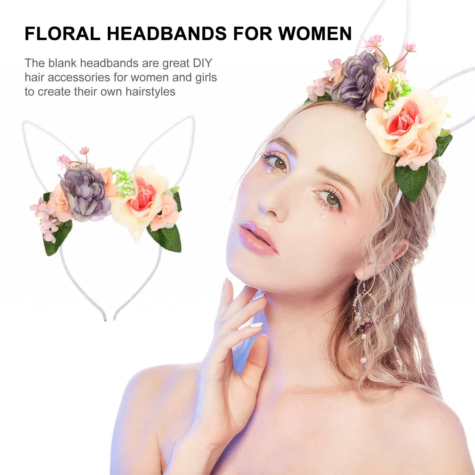 

Повязка на голову с ушками кролика, цветочные аксессуары для волос, пасхальный головной убор, украшение для вечеринки, женские повязки на голову с цветами, костюм с ушками кролика для взрослых