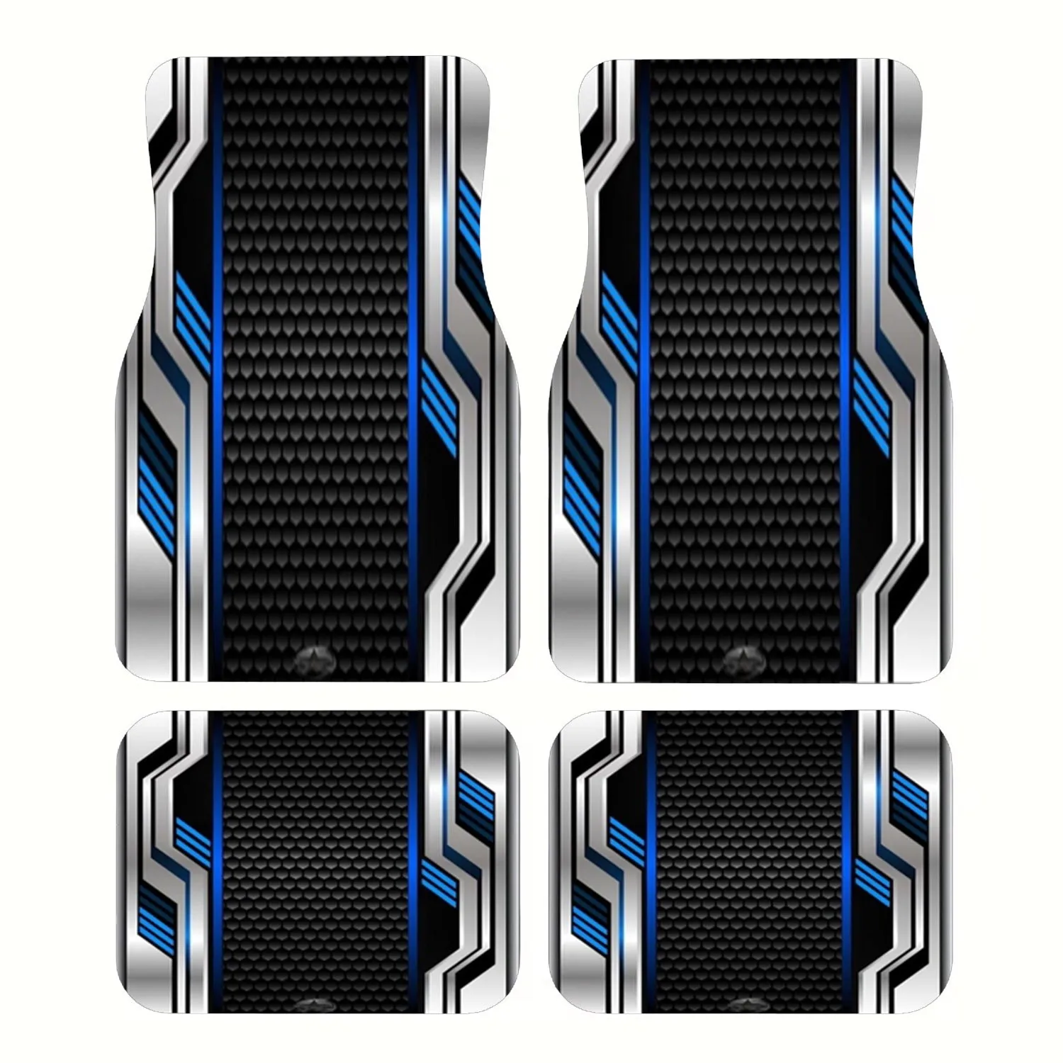 4pcs Car Floor Mats, Futuristic Hexagonal Grid Design With Metallic Silver And Black Sections, Blue And White Geometric Accents,