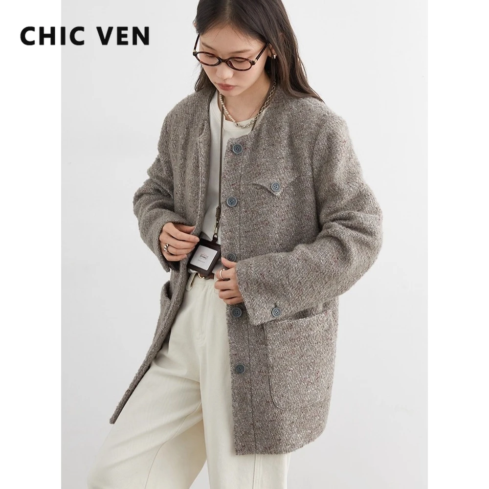 

CHIC VEN Women Woolen Jackets Single-breasted Retro Loose Casual New O Neck Female Coat Soft Warm Ladies Top Autumn Winter 2025