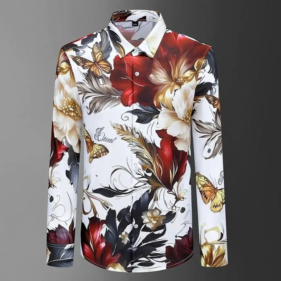 

Luxury Rhinestones Flower Shirts Men Long Sleeve Casual Shirt Slim Fit Vintage Social Party Tuxedo Business Formal Dress Shirts