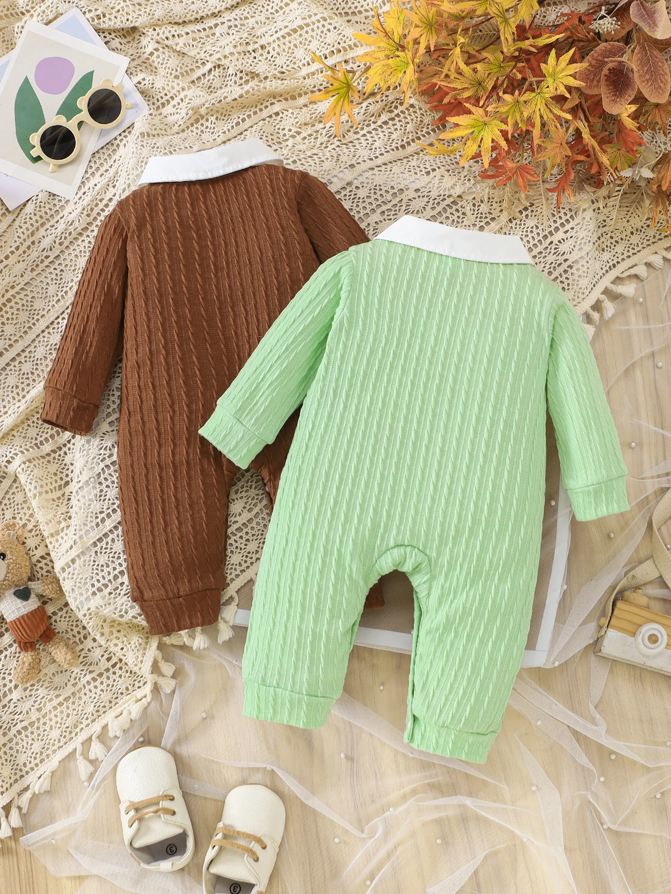 Spring Autumn Baby Knitted Onesie with Collar Breathable Soft Cotton Fabric Comfortable Skin-Friendly Daily Home Wear Fresh Cute