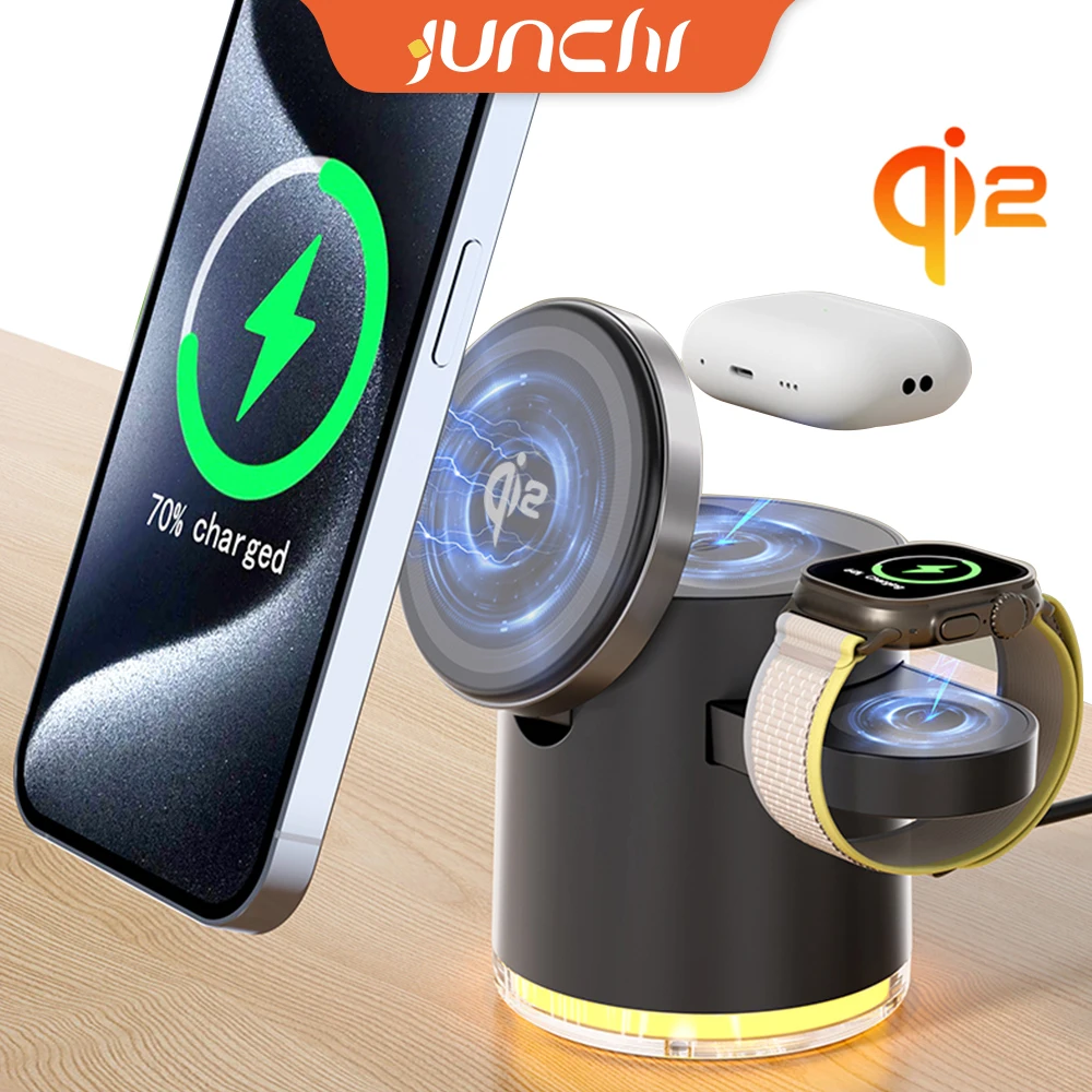 Qi2 draadloze oplader met nachtlamp 3in1 Magsafe-laadstation voor iPhone en Samsung Apple Watch