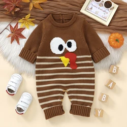 Baby Thanksgiving Sweater Romper Casual Turkey Stripe Print Long Sleeve Jumpsuit for Newborn Cute Clothes