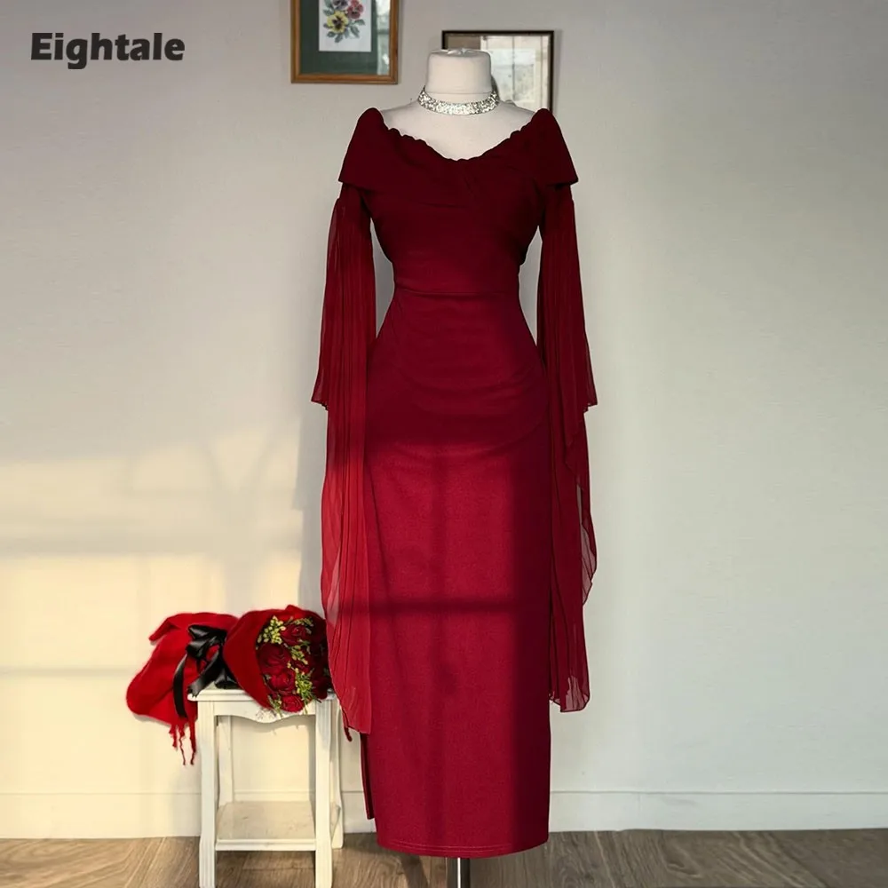

Eightale Arabic Evening Dress Scoop Prom Gown Customized Burgundy Long Sleeves Muslim Mermaid Wedding Party Dress