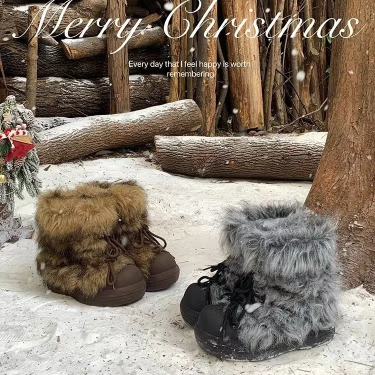 

Brand Design Couple Mid Calf Snow Boots Winter New Thick Soled Round Toe Lace Up Men and Women Warm Cotton Wool Shoes