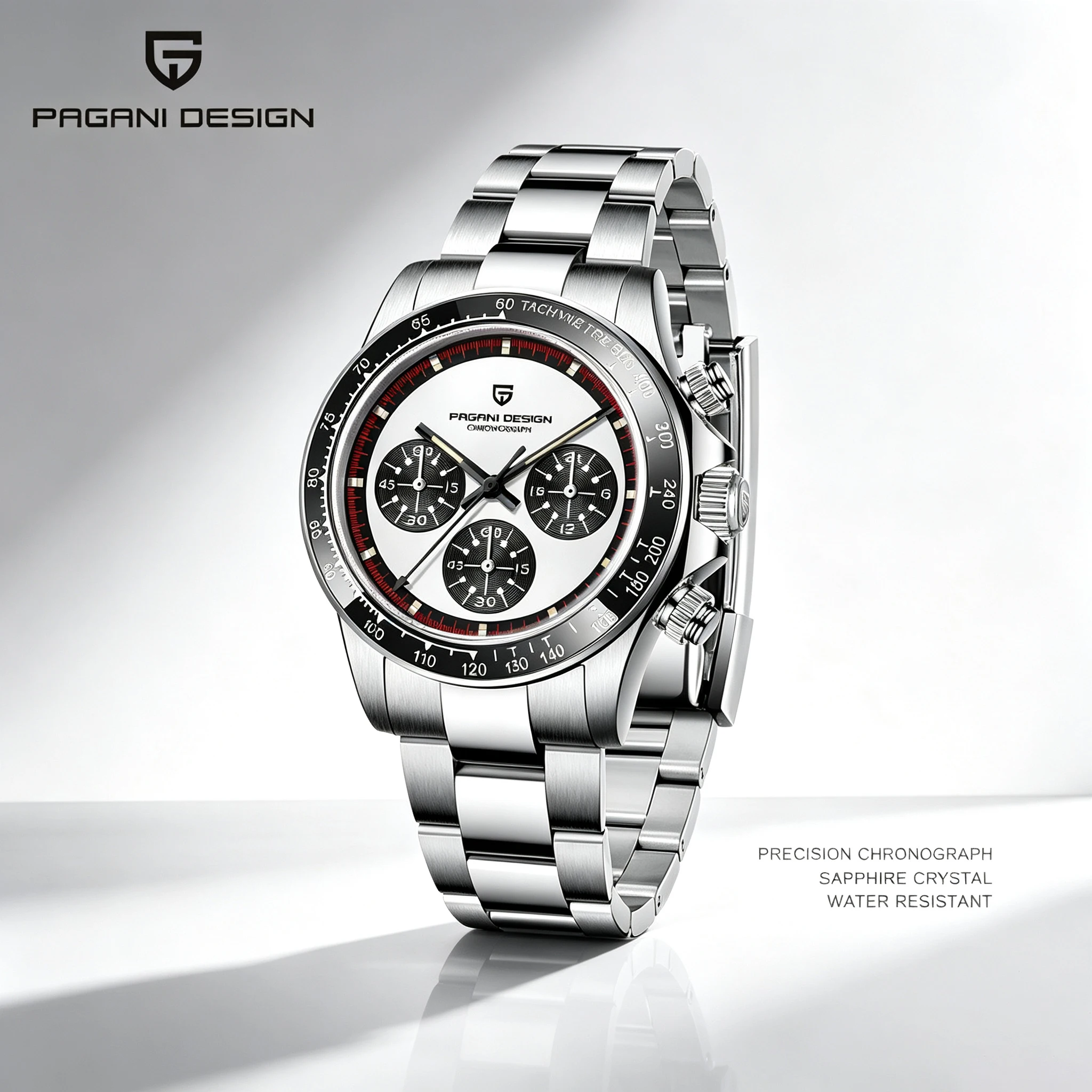PAGANI DESIGN Men's Chronograph Quartz Watch Japan VK63 Movement 40mm Panda Dial Sapphire Stainless Steel Sport Wristwatch