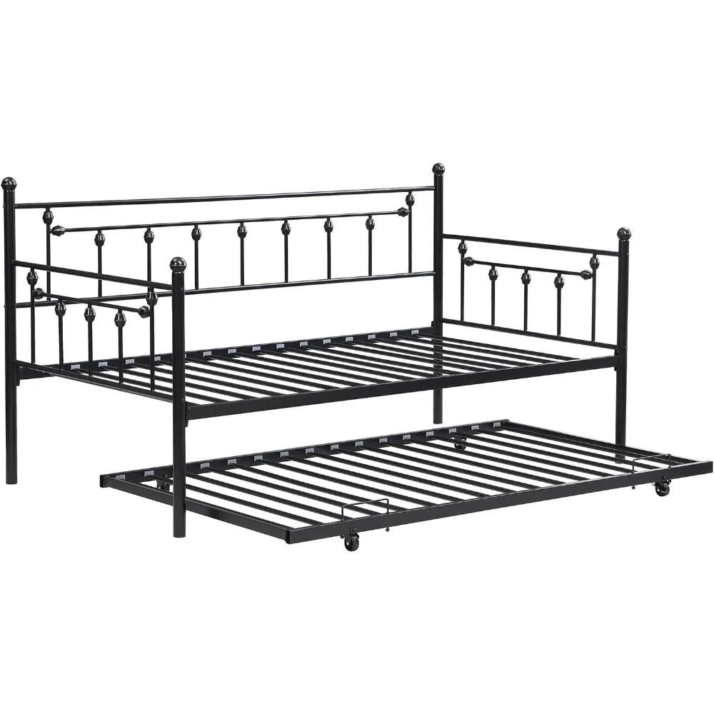 سرير نهاري مزدوج مع دولاب، سرير نهاري معدني مع لوح رأسي مغزل، إطار سرير أريكة تقليدي مع دولاب قابل للسحب، شديد التحمل #4