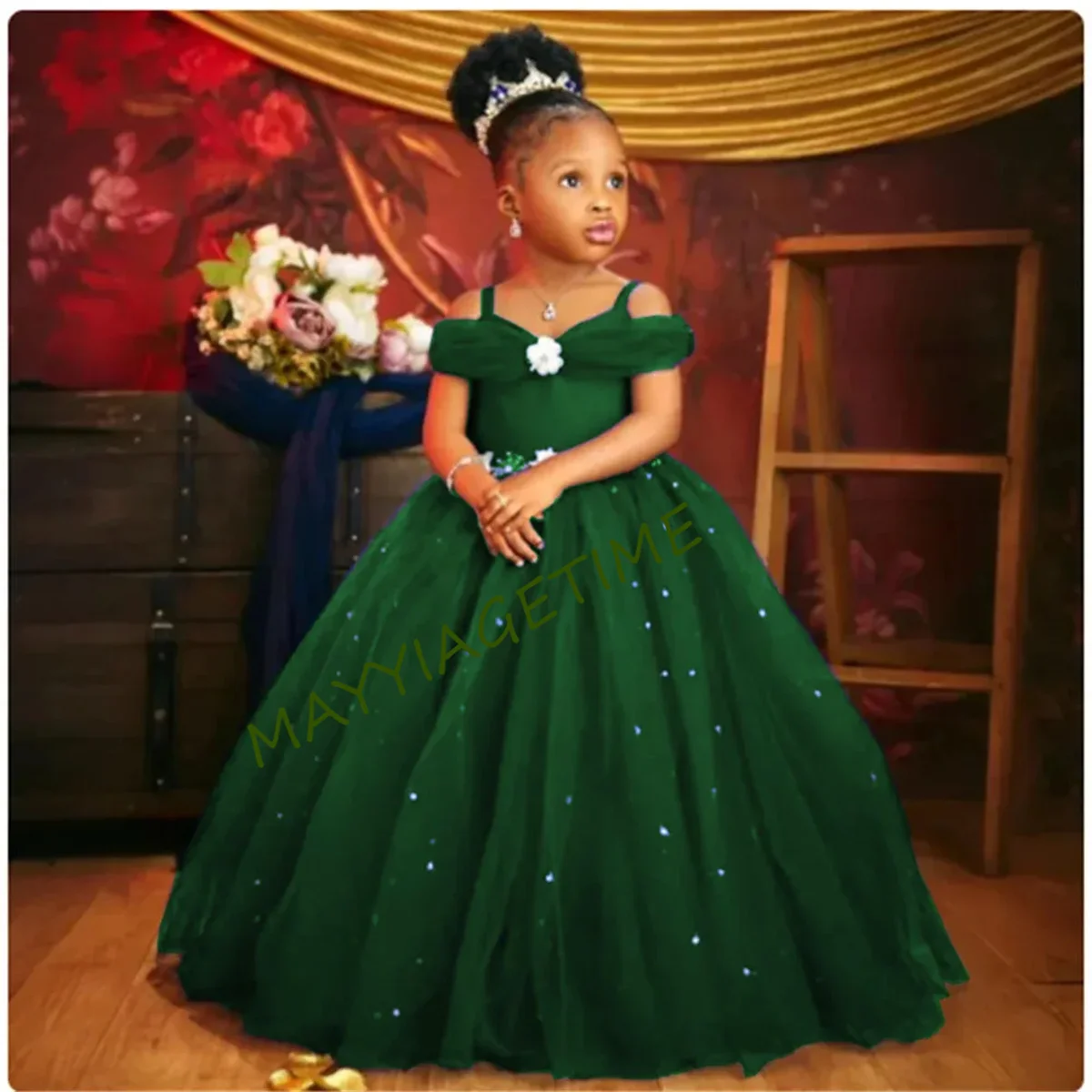 Green/Burgundy Pearl Flower Girl Dress Spaghetti Straps Tulle Toddler Kids Princess Pageant Dress Communion Wedding Party Gowns