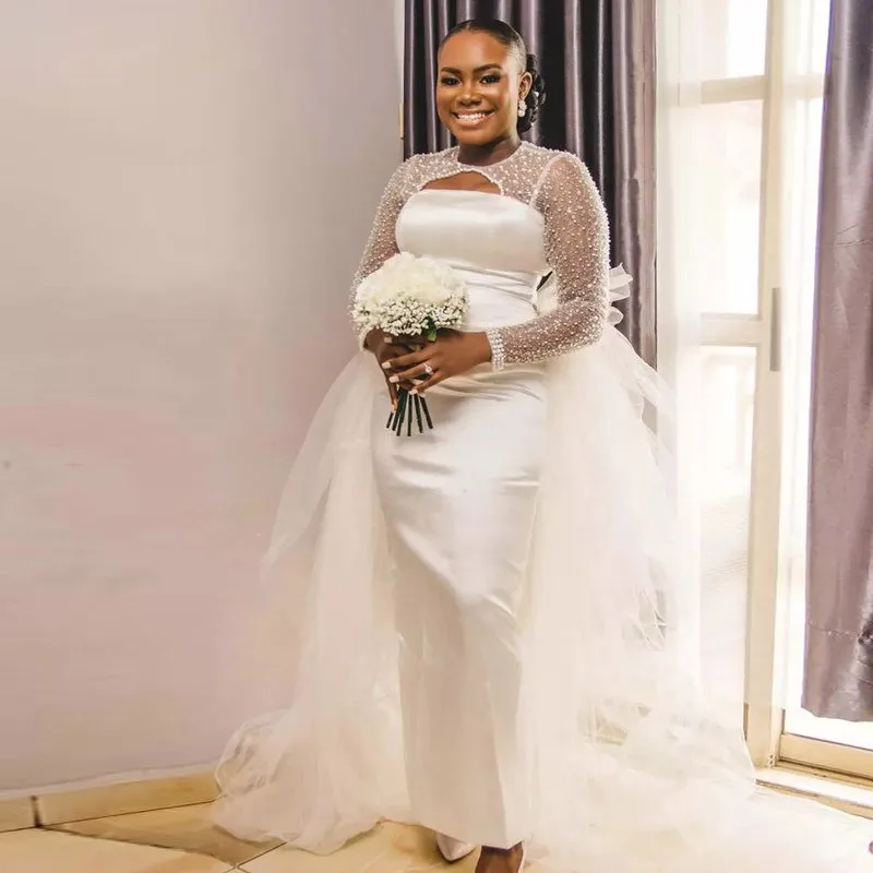 Impresionante vestido De novia De sirena con lentejuelas y cuentas personalizado, bata De boda con tren desmontable, vestidos De novia africanos De talla grande