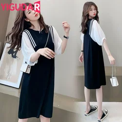 New Pregnant Women Clothes Set for Summer Short Sleeve Cotto Top Strap Chiffon Dress Twinset Loose Maternity Dress Suits