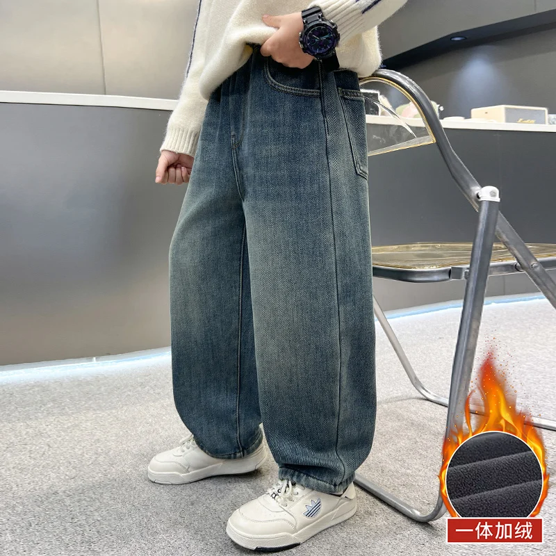 New Design Kids Baggy Jeans For Elegant Child Straight Fit Jeans Trousers Teenage Boys Casual Fleece Style Cartoon Denim Pants