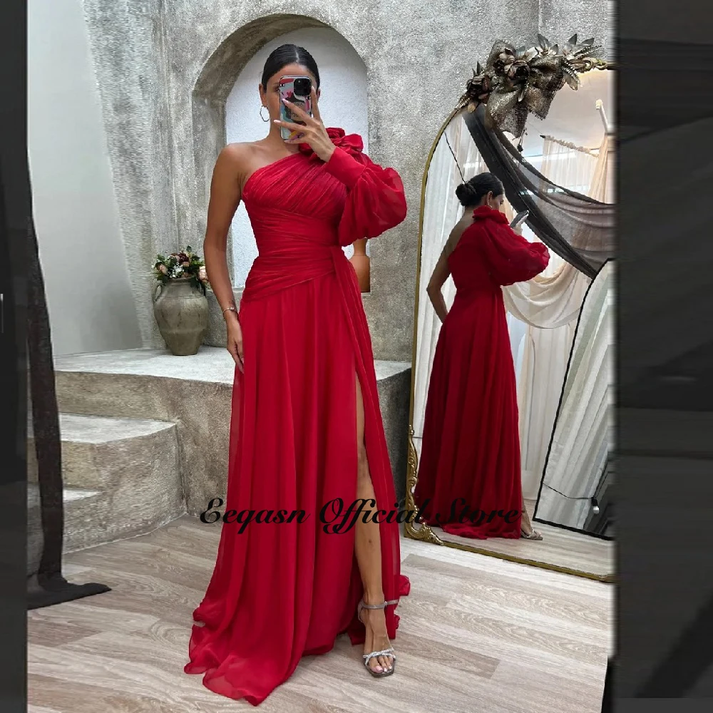 Customized One Shoulder Evening Dress A-Line Chiffon Long Sleeve Ruched Floor Length Split Formal Dresses Women Party Gown