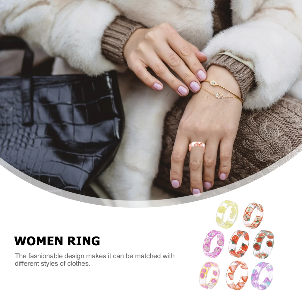 

8 Pcs Fruit Resin Ring Rings for Women Teen Girls Summer Finger Lovely Creative Little Rhinestones Miss