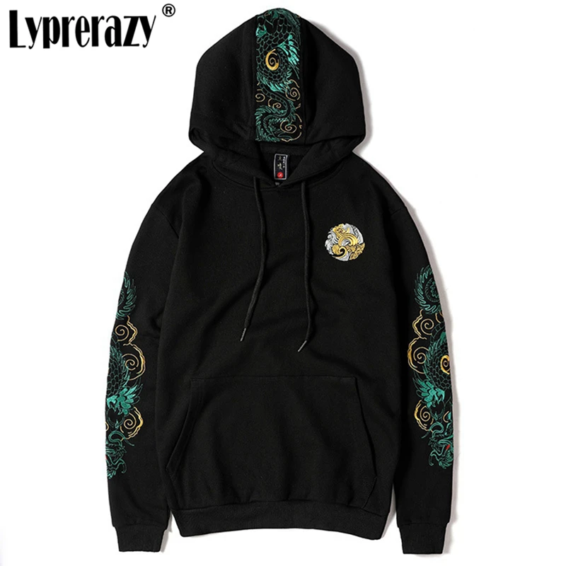 Lyprerazy męskie bluzy męskie w stylu chińskim haft smoka bluza męska Streetwear luźna pulower z kapturem