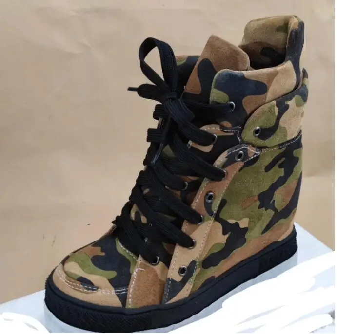 Roman Inner Height Increased Camouflage Ankle Boots Hidden Wedge Round Toe Woman Lace- Up Boots Shoes
